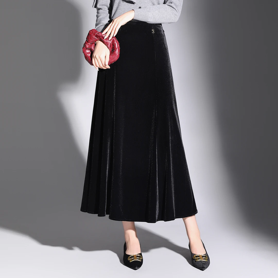 金丝绒半身裙女秋季2025新款垂坠感显瘦长款A字裙遮胯韩版伞裙子