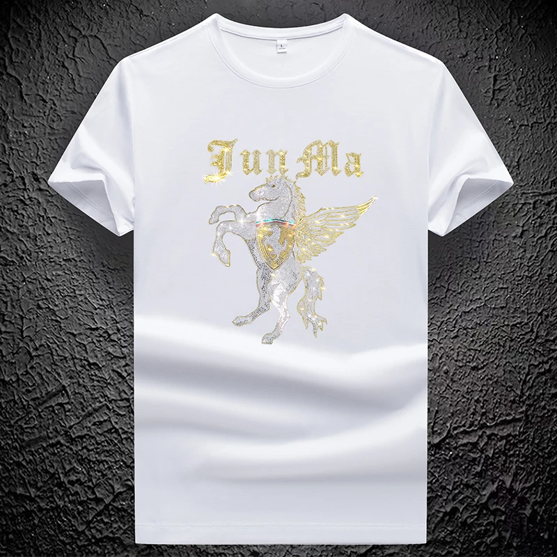 内米霍切潮流烫钻短袖男装轻奢丝光棉欧洲站夏季新款时尚休闲上衣