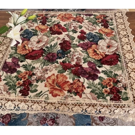 ZN102-83棉麻交织布【75*75】米白色百花齐放水溶边桌布茶几布莫奈