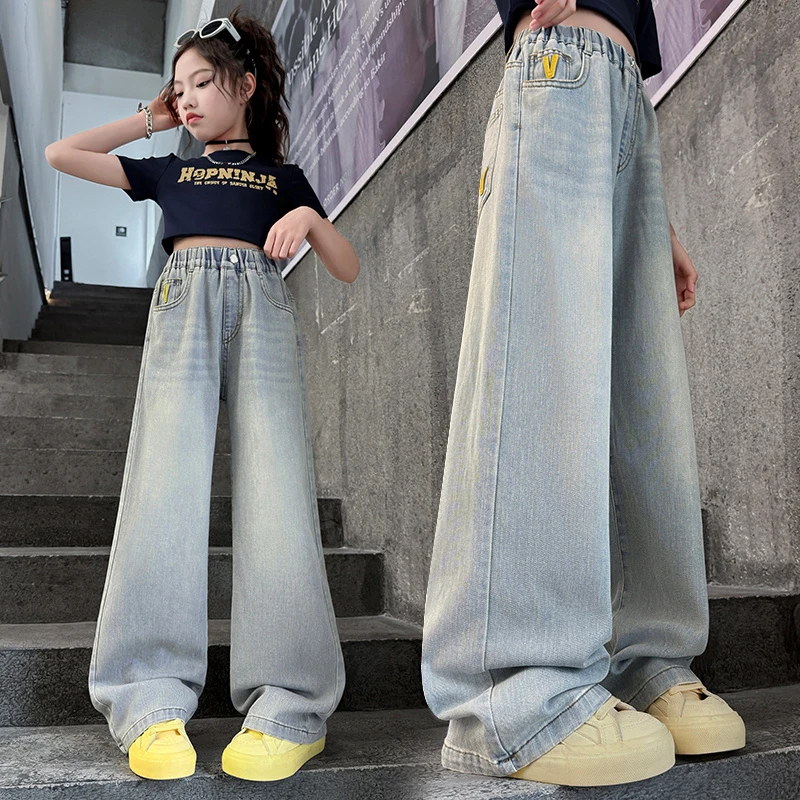 女童薄款牛仔裤夏季中大童女孩直筒阔腿裤夏装新款儿童休闲长裤子
