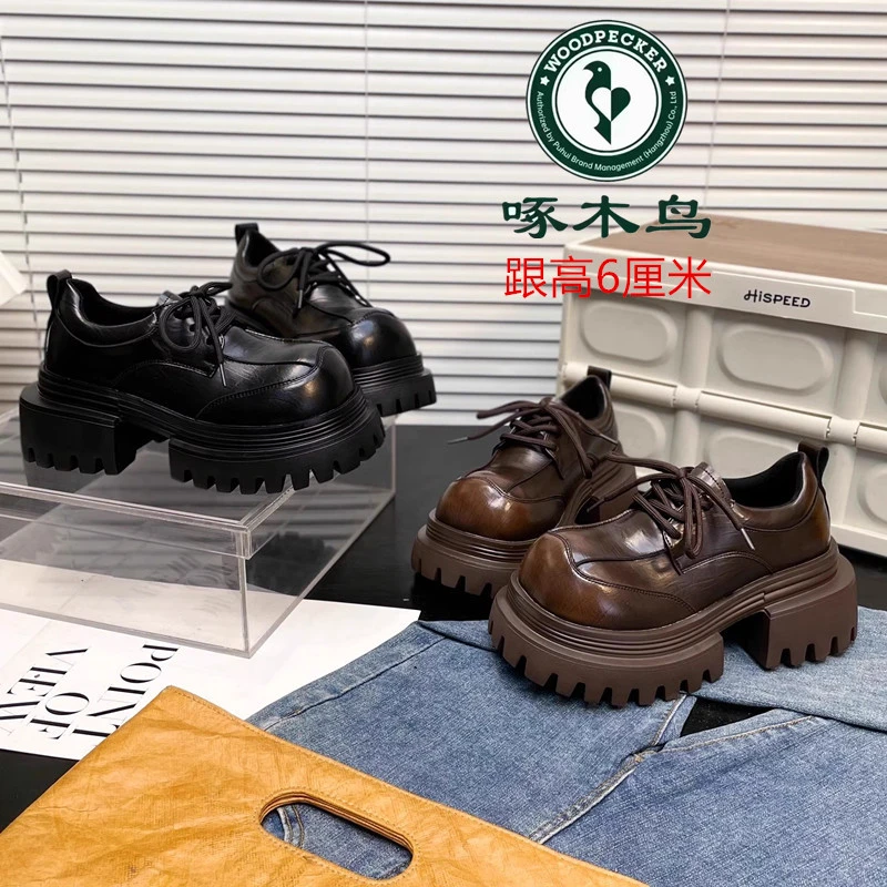啄木鸟6cm厚乐福鞋女2025秋新款小个子增高复古系带德比小皮鞋女