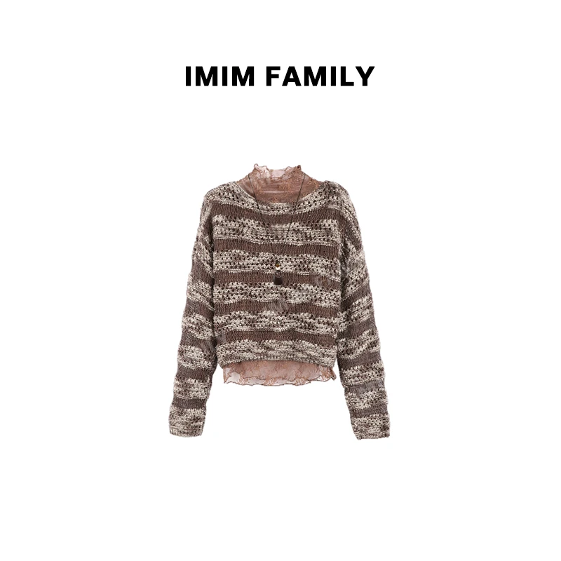 “秋日呼唤”费尔岛条纹复古长袖毛衣叠穿勾花半高领蕾丝打底衫时