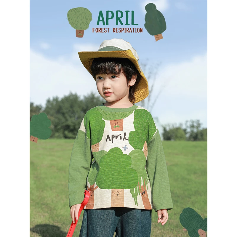 【25年春一波】男宝宝大森林原创印花 竹节纹100棉休闲T恤N5588