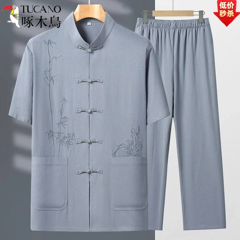 啄木鸟中老年唐装男纯棉爷爷短袖两件套中国风爸爸夏装休闲套装