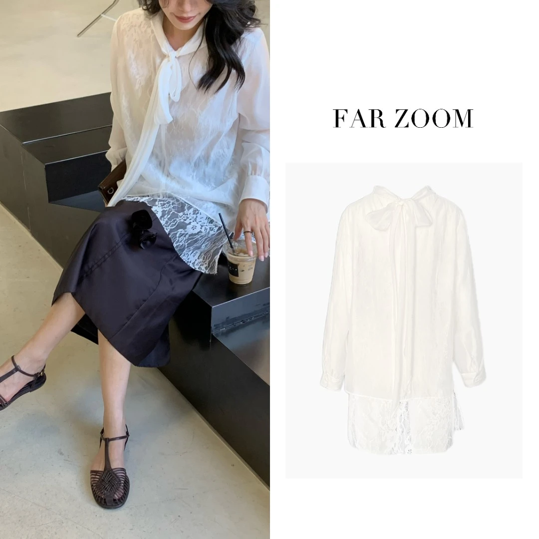 FAR ZOOM 蕾丝花边拼接长袖领口系带衬衫