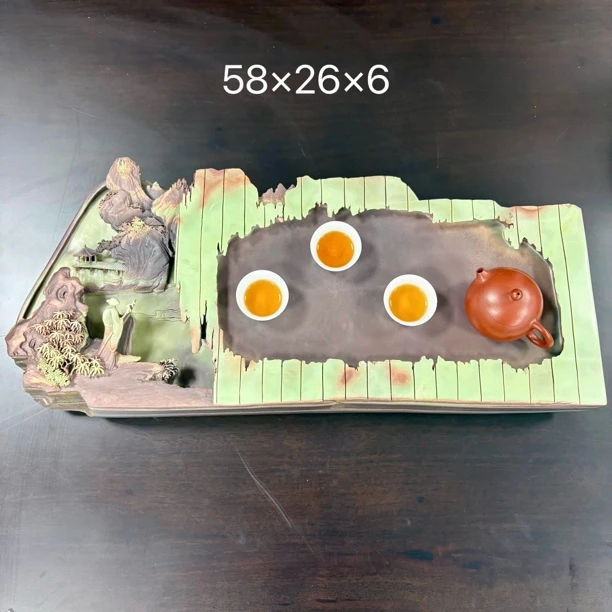 紫袍玉带石新款茶盘浮雕手工雕刻复古山水简约家用办公室小型茶台