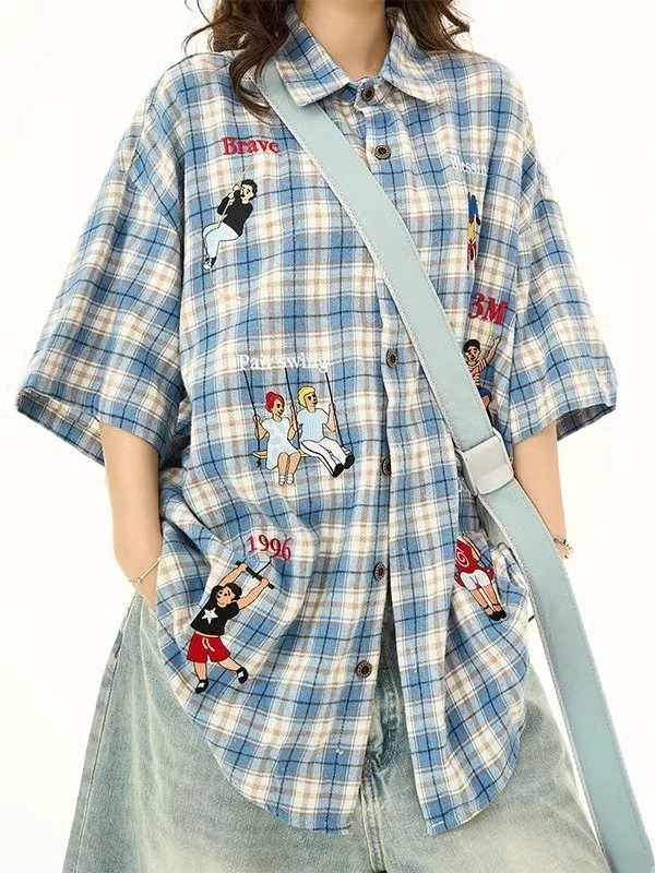 美式复古新款宽松情侣夏季刺绣格子短袖衬衫女设计感格纹衬衣上衣