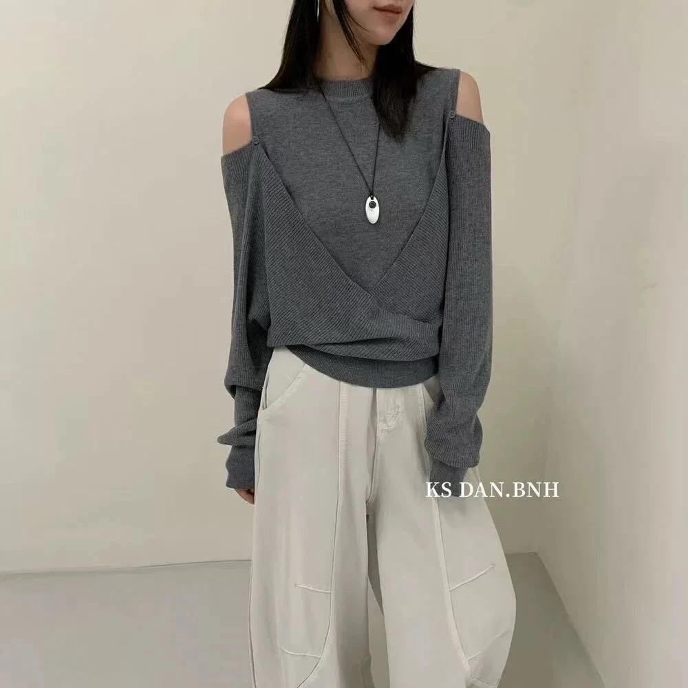 韩系不规则露肩设计感长袖针织衫2025秋季新款女套头洋气别致上衣