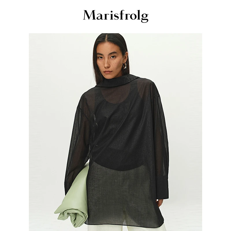 Marisfrolg玛丝菲尔休闲黑色春夏复古宽松长袖纯色衬衫A1FZ14409