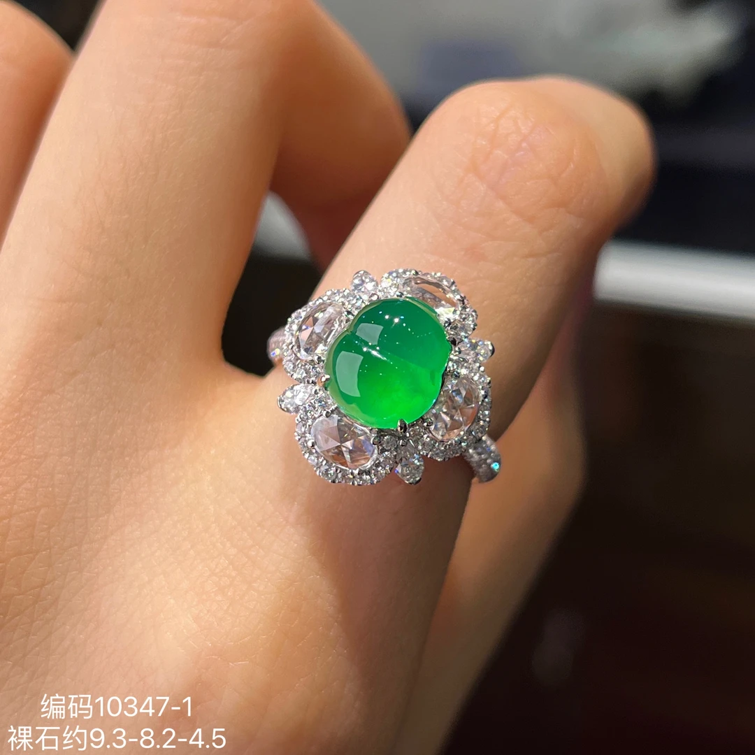 [现货秒发]缅甸A货翡翠艳阳绿玻璃种葫芦戒指编码10347-1义玉馆