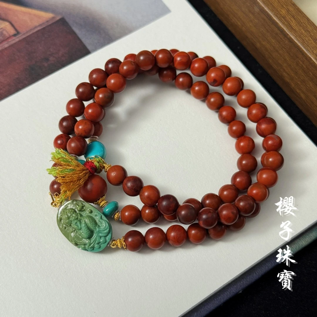 樱子 | 云滩 18K包浆南红原矿绿松时尚设计多圈手串*WYZNHS2650