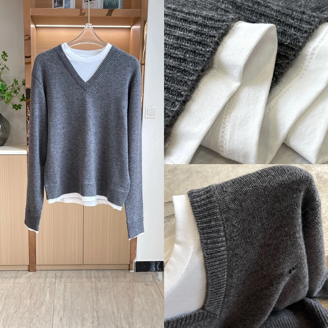 LB LK-84229 灰色V领撞色套头衫