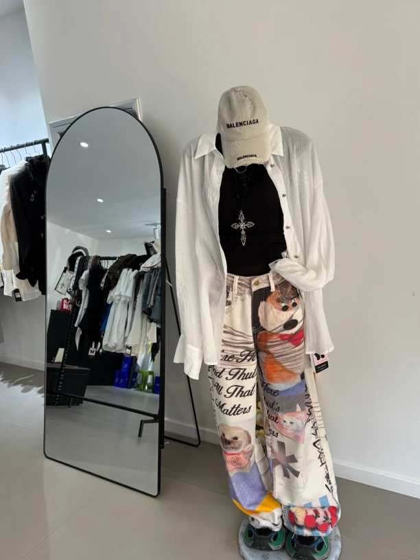 夏季新款高腰个性数码印花女款宽松阔腿显瘦牛仔裤