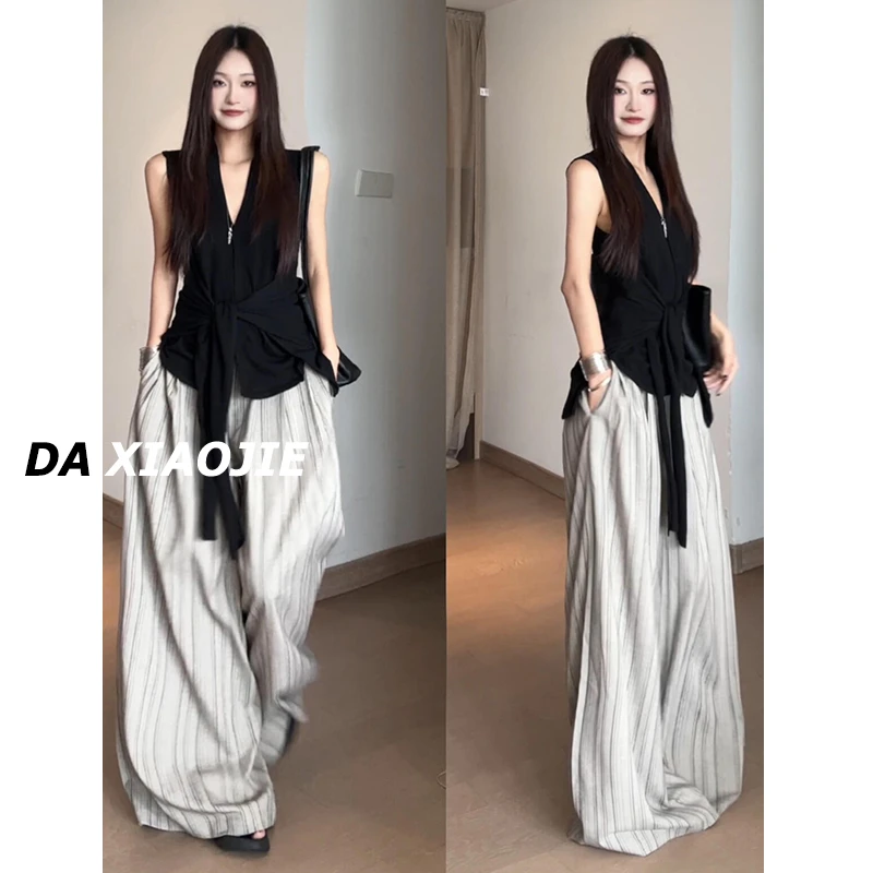 裤长111cm高个子180加长松弛感宽松条纹休闲裤女夏时尚阔腿拖地裤