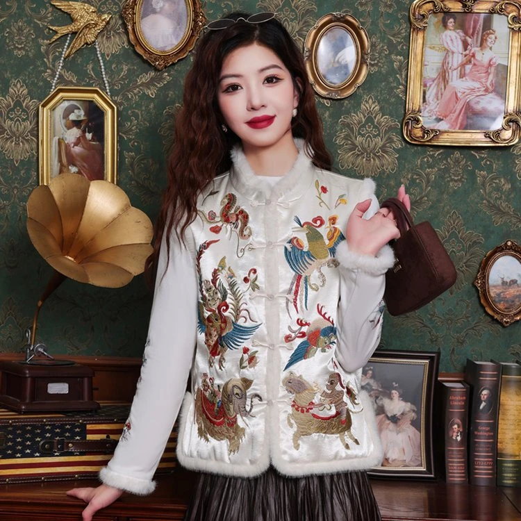 中式2024醋酸新款国风重工刺绣盘扣马甲上衣背心复古坎肩外套