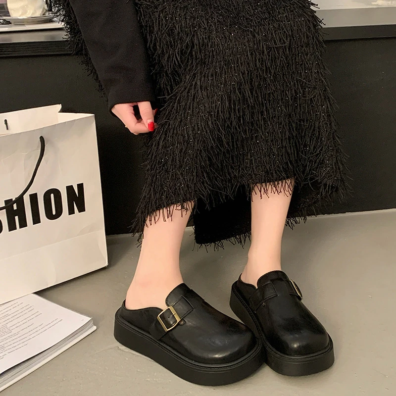 勃肯鞋懒人女半拖拖鞋厚底肯皮面博博春秋办公室包头英伦风新品