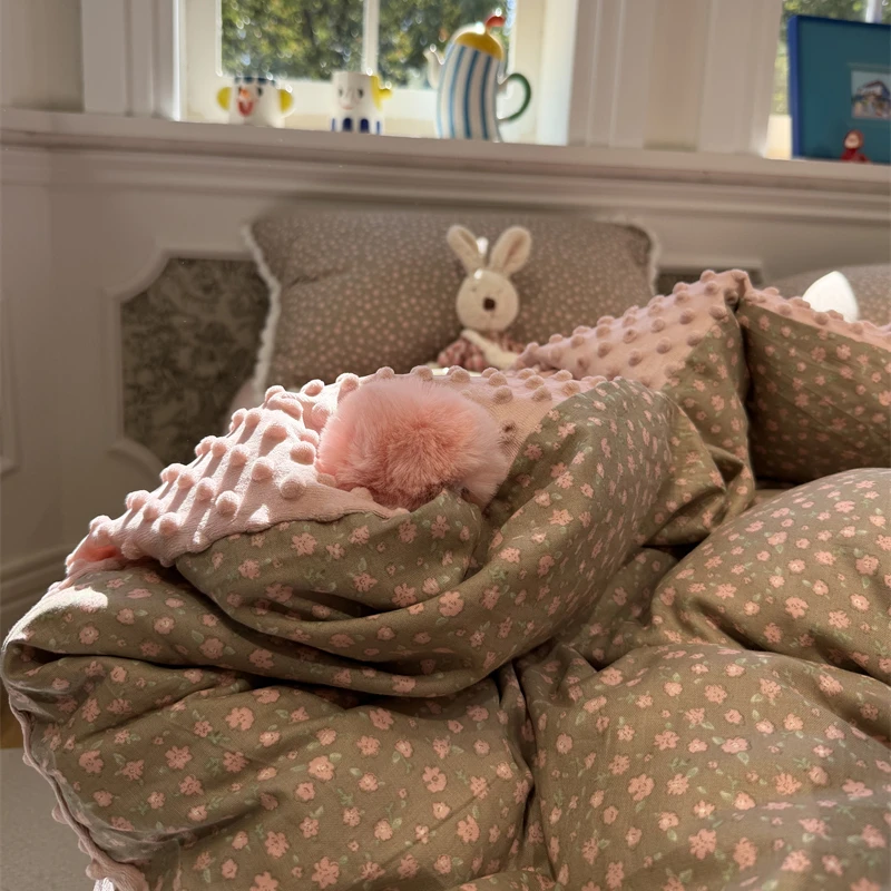 易安阁美式双层纱加豆豆绒咖色碎花棉加绒四件套1.5m1.8米三件套