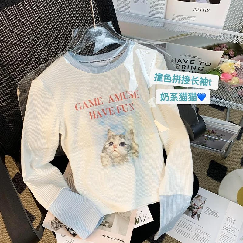 巴黎儿童长袖恤2025春装新款女童印花上衣大童装修身内搭春秋打底