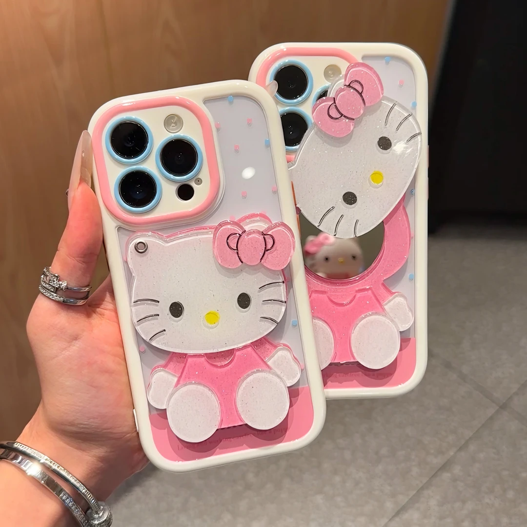 雅天立粉波点kt凯蒂镜子适用苹果16手机壳iPhone华为vivo小米oppo