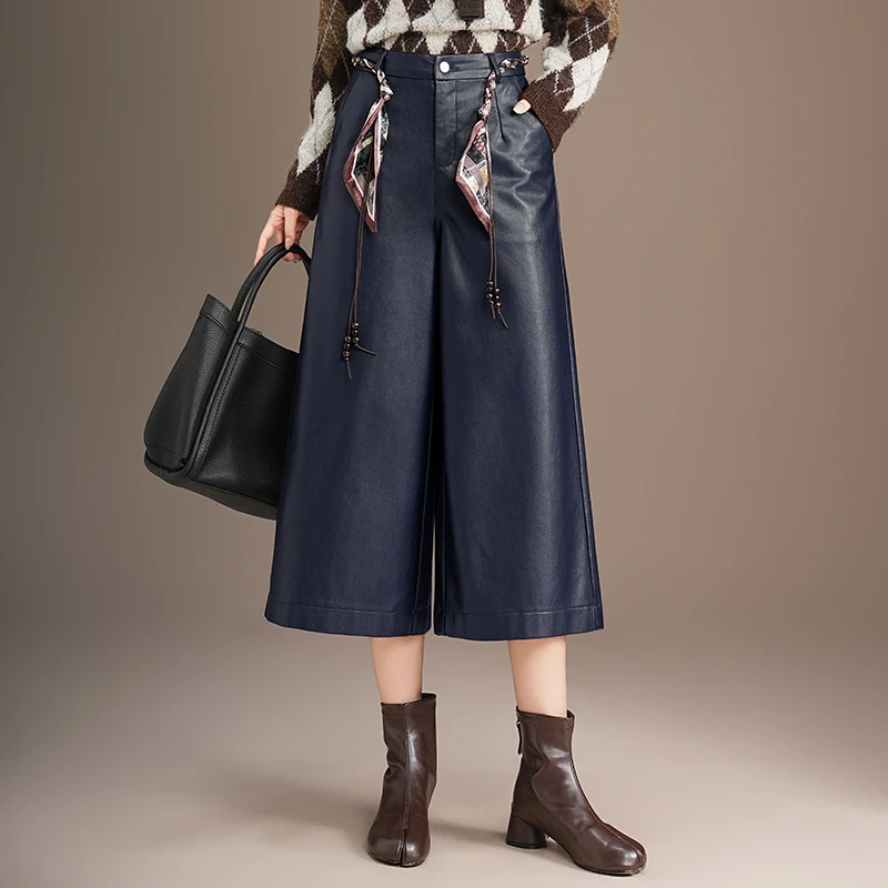 藏青色皮裤七分女高腰显瘦秋冬新款宽松裤子pu皮阔腿裤靴裤休闲裤