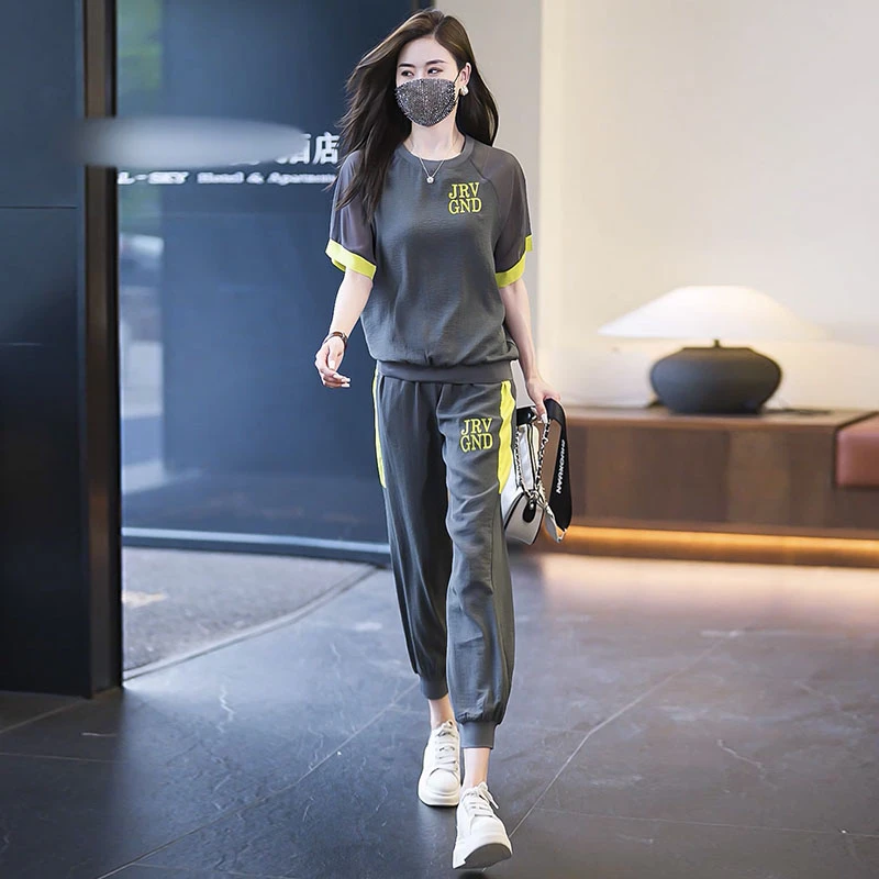 大码女装休闲运动套装女2025年夏季新款印花短袖上衣-裤子两件套