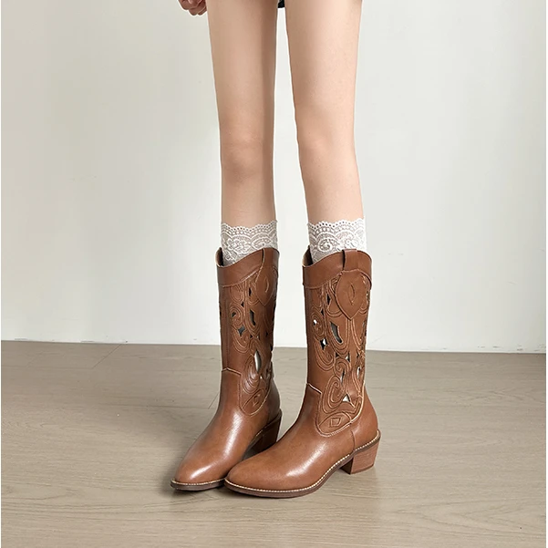 美式镂空真皮西部牛仔靴2025秋季新款方头刺绣骑行靴长筒骑士靴子