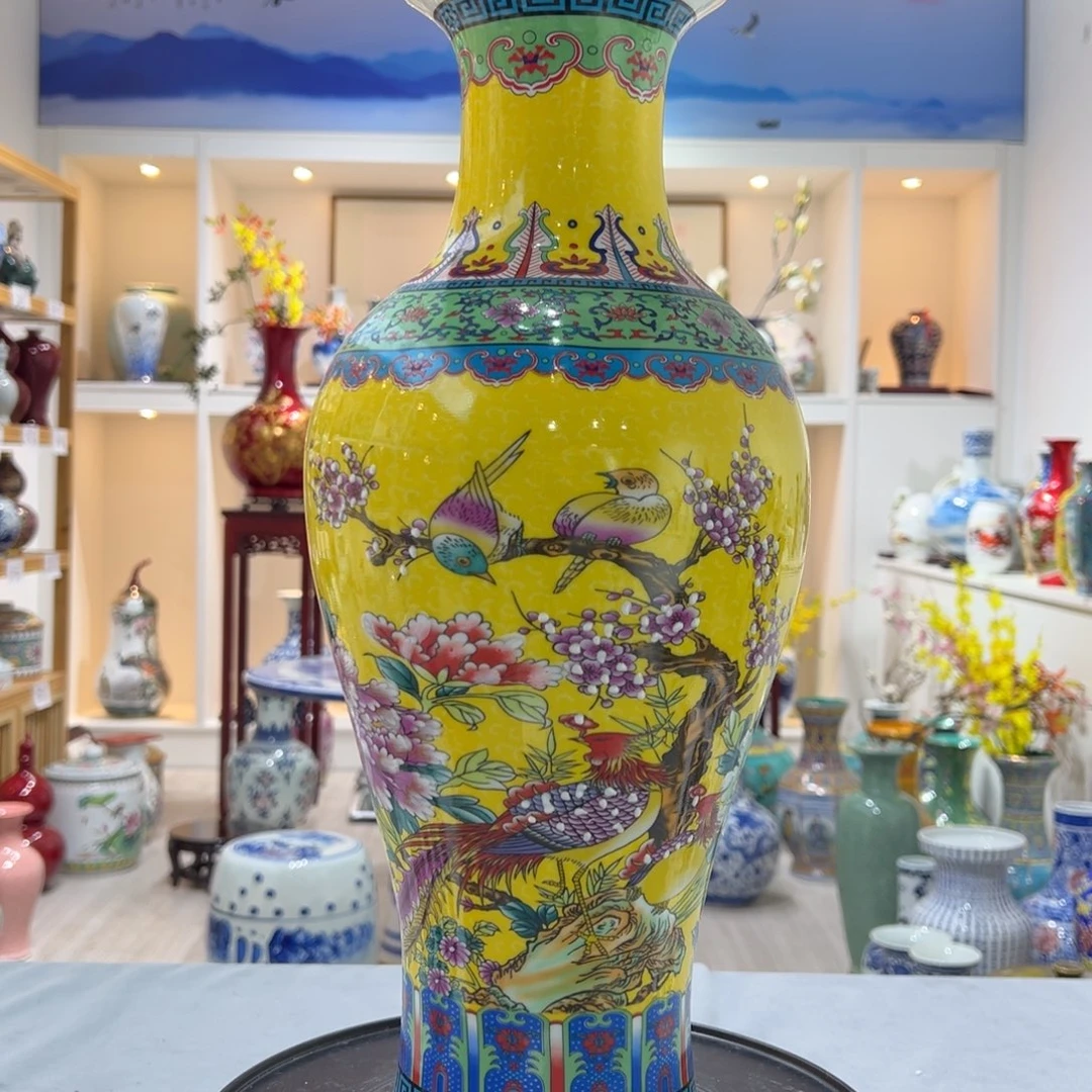 陶摆件45cm黄色花鸟鱼尾瓶