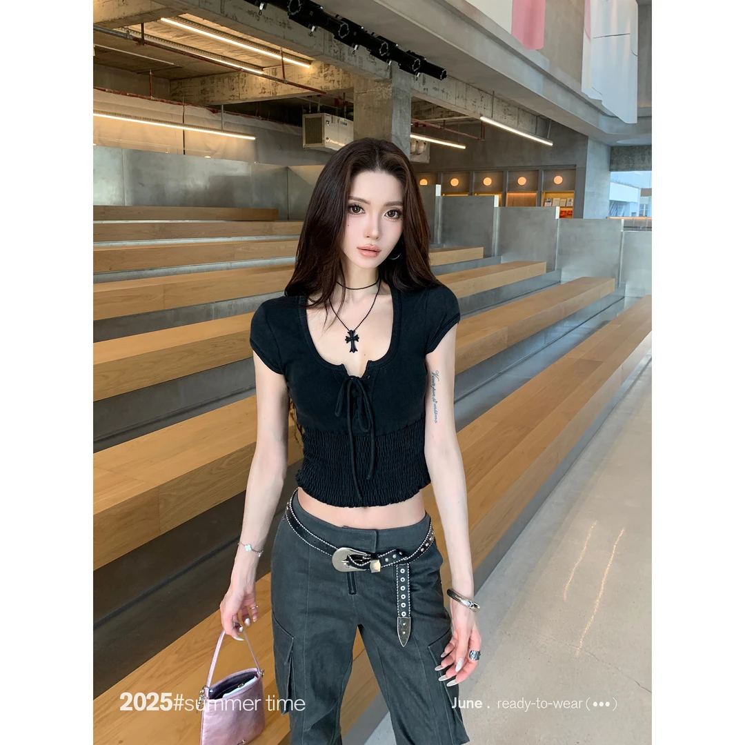 SUNONEONE 黑色系绑带短袖T恤女夏季显瘦气质小众短款上衣D0174T
