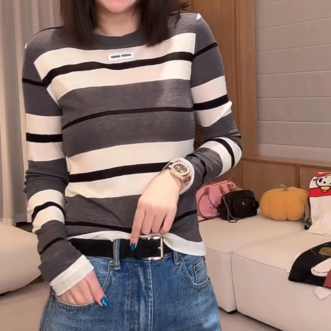潮牌撞色条纹薄款长袖T恤女2025夏季新款时尚休闲百搭显瘦上衣ins