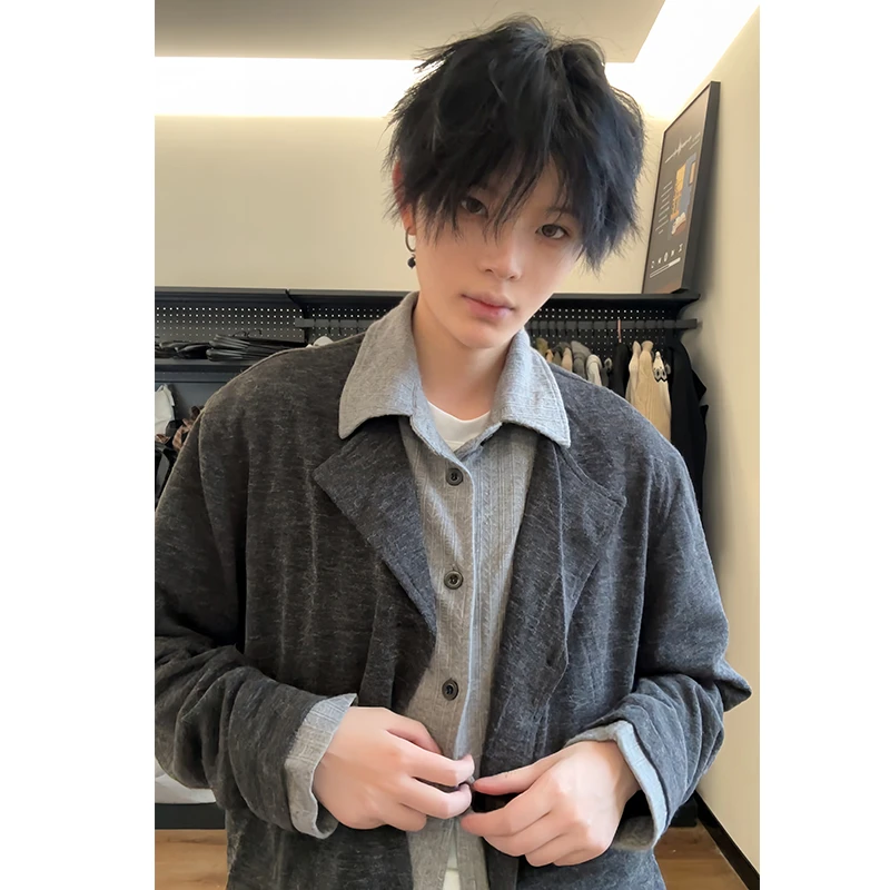 A+衬衫领卫衣男提花常规款撞色2025新款春秋帅气假两件针织衫长袖