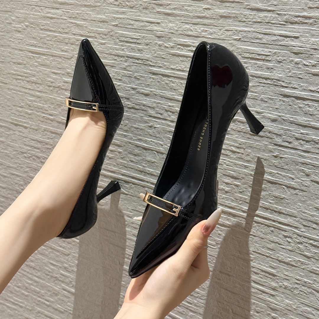 【双花鱼】6cm漆皮尖头细跟高跟鞋2025新款法式单鞋女百搭职业通勤