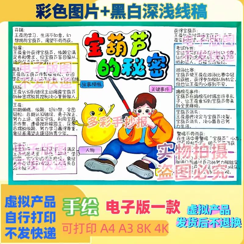 【1114】三四年级必读书《宝葫芦的秘密》手抄报模板电子稿