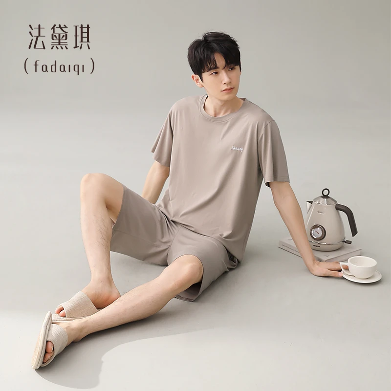 法黛琪莫代尔睡衣男士夏季冰丝短袖短裤大码套头男款家居服套装