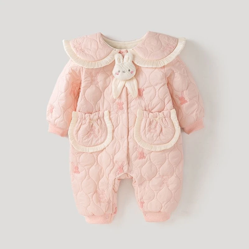 秋冬连体新生儿衣服薄棉短袖女宝宝超萌公主保暖哈衣小兔外出爬服