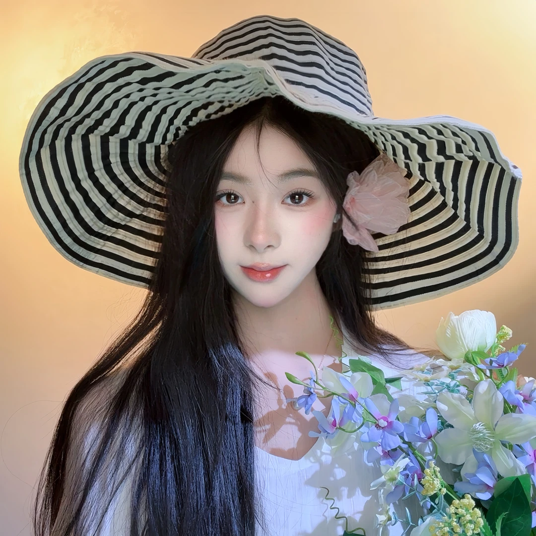 夏季韩版出游户外时尚百搭条纹渔夫帽大帽檐帽子女ins可卷遮阳帽