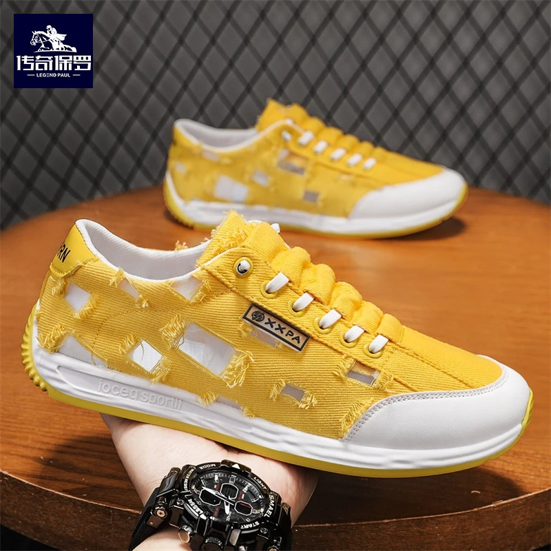 传奇保罗夏季男鞋轻便透气镂空帆布板鞋时尚潮流防滑休闲运动潮鞋