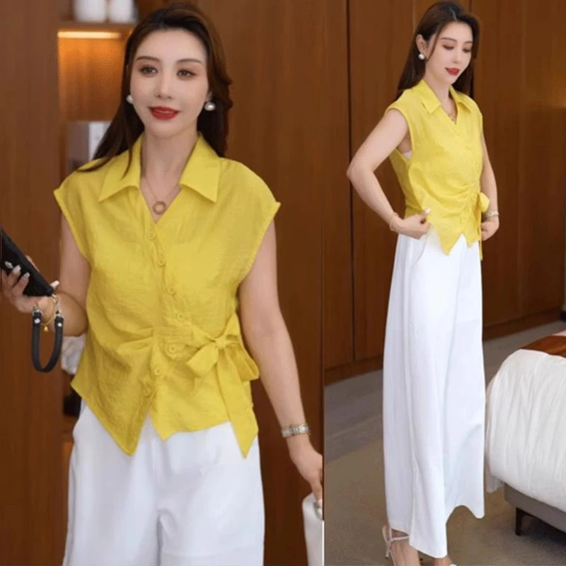 2025夏季新款时尚减龄气质法式复古V领收腰短袖衬衫女小个子衬衣
