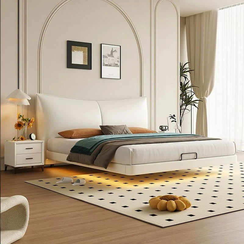 现代简约双人床头层牛皮单人床轻奢意式软包床高端大气主卧婚床