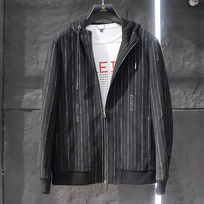 超值男装尾货 绅士竖条纹时尚舒适秋冬厚实连帽休闲夹克外套3119