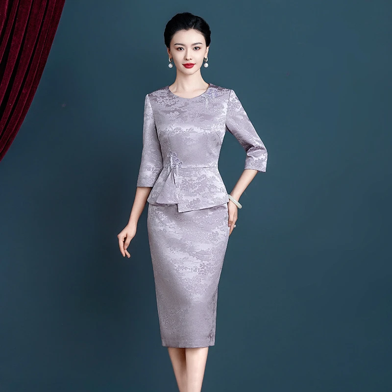 浅紫色提花进口三醋酸礼服平时可穿喜妈妈婚宴晚宴高端气质礼服Y