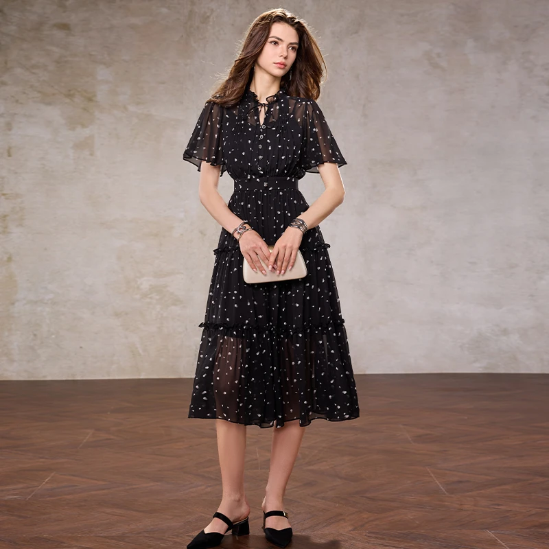 【诗语专属】AUI黑色气质雪纺连衣裙女夏收腰A字印花裙-25X019704