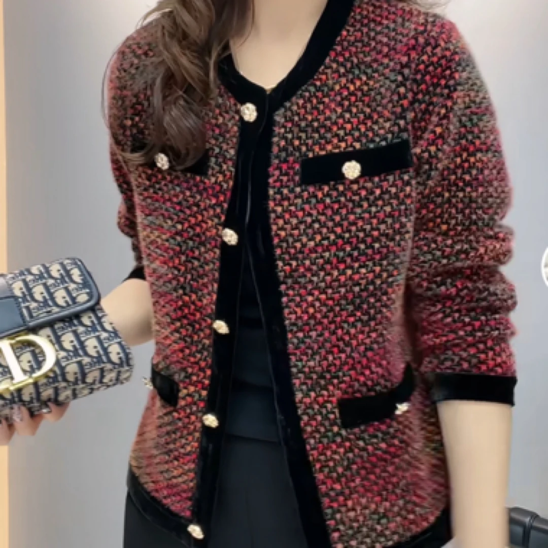 透气女厚款长袖短外套上衣七彩气质小香风