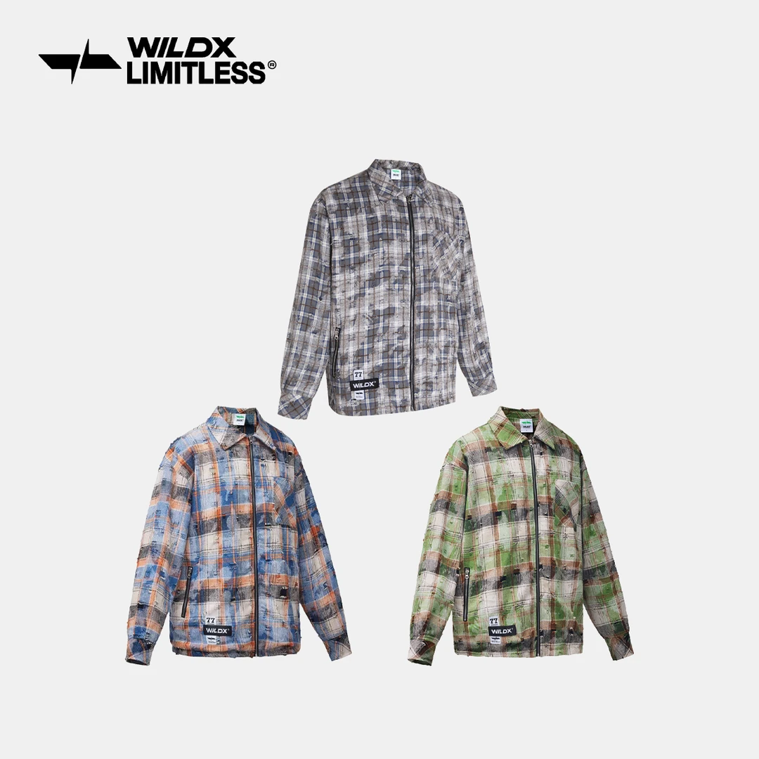 WildX「X-LAB」破坏水洗重磅拉链格子衬衣美式男秋冬夹克外套格纹