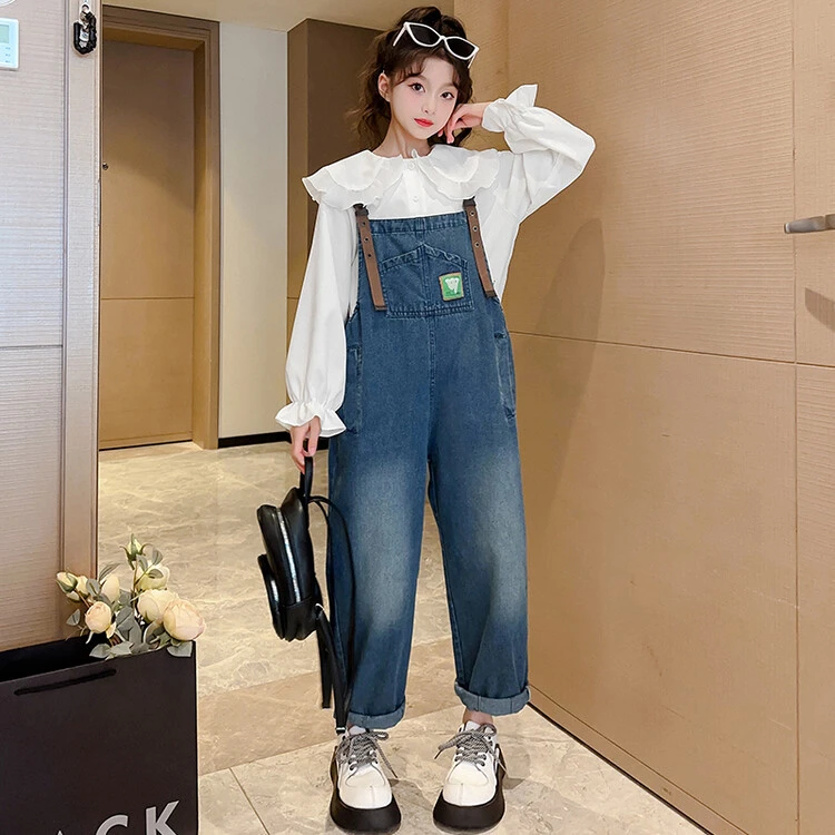 女童春秋牛仔背带裤套装韩版时髦舒适洋气中大童潮流宽松两件套