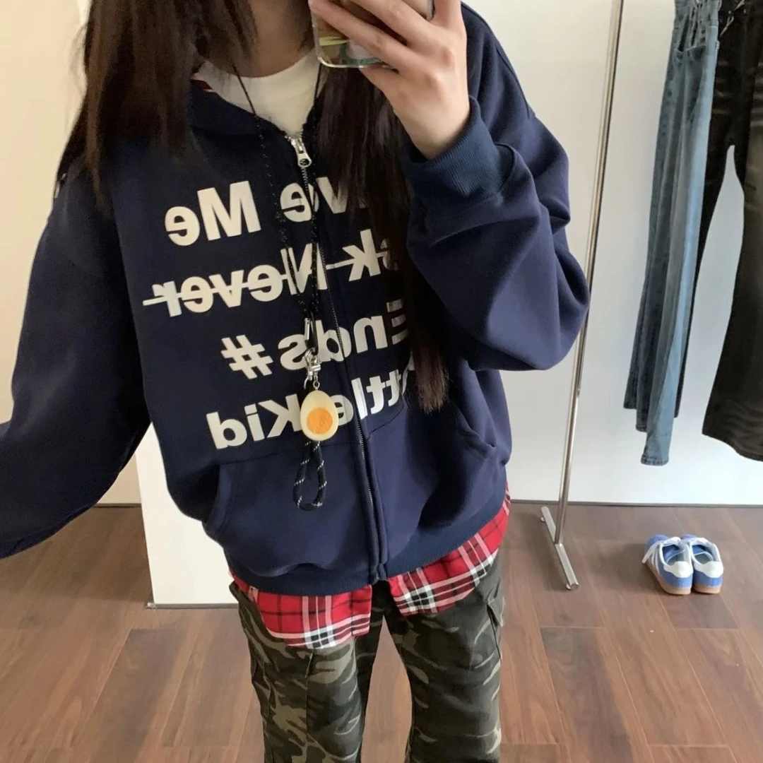 【圆肉桂专属】新款美式街头假两件格子连帽卫衣宽松外套个性潮