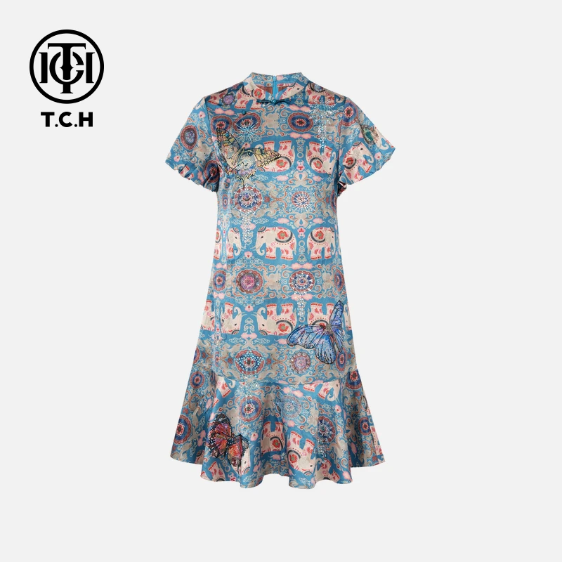 TCH私服烫钻工艺时尚休闲气质蝴蝶连衣裙女T75B30E5295轻奢tch