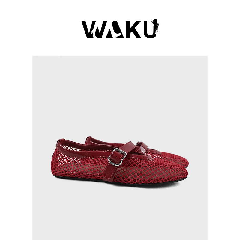 绫罗梭织牛皮网面透气镂空浅口一字扣芭蕾玛丽珍软底单鞋