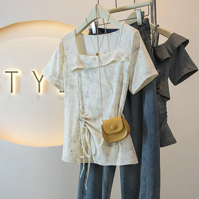 MISU/糜素不规则方领短袖T恤女夏2025夏季新款下摆抽绳正肩体恤