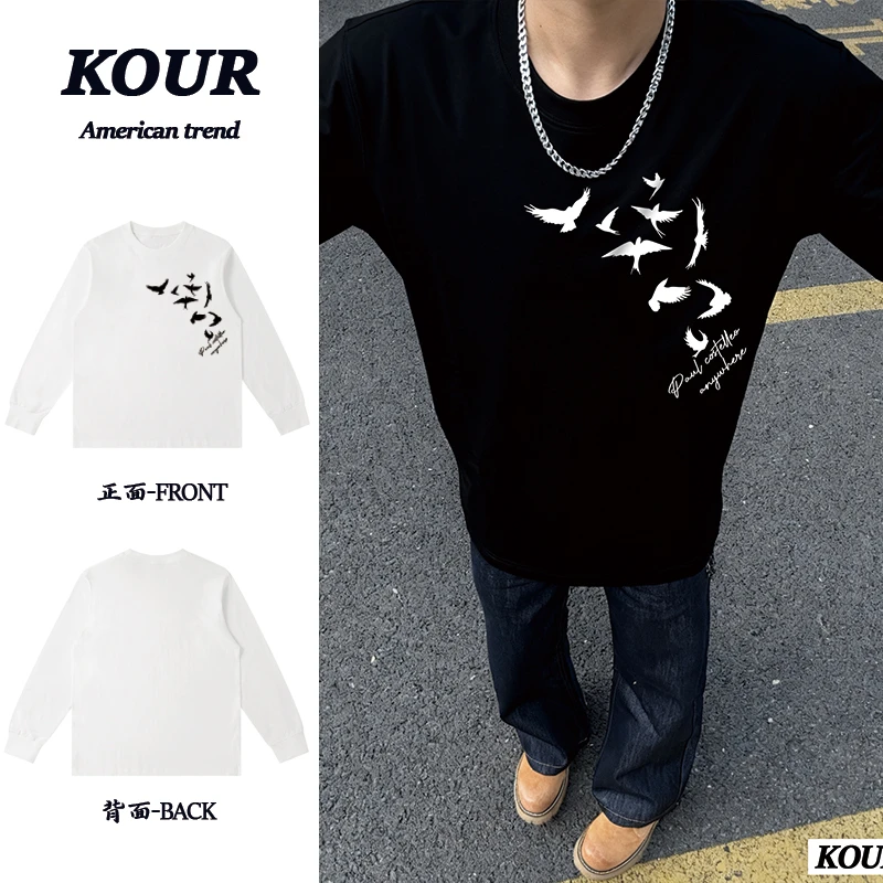 和平鸽英文美式高街复古长袖T恤重磅纯棉打底衫宽松百搭落肩上衣