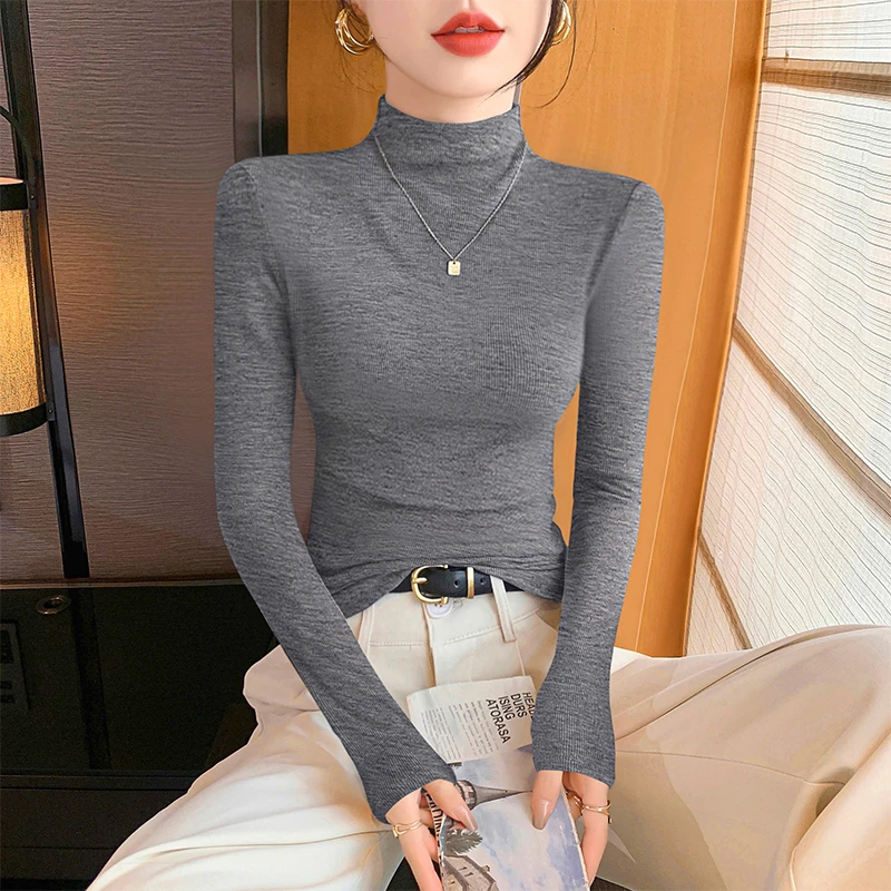 灰色半高领打底衫女内搭2025新款秋冬季高级感可外穿修身长袖上衣